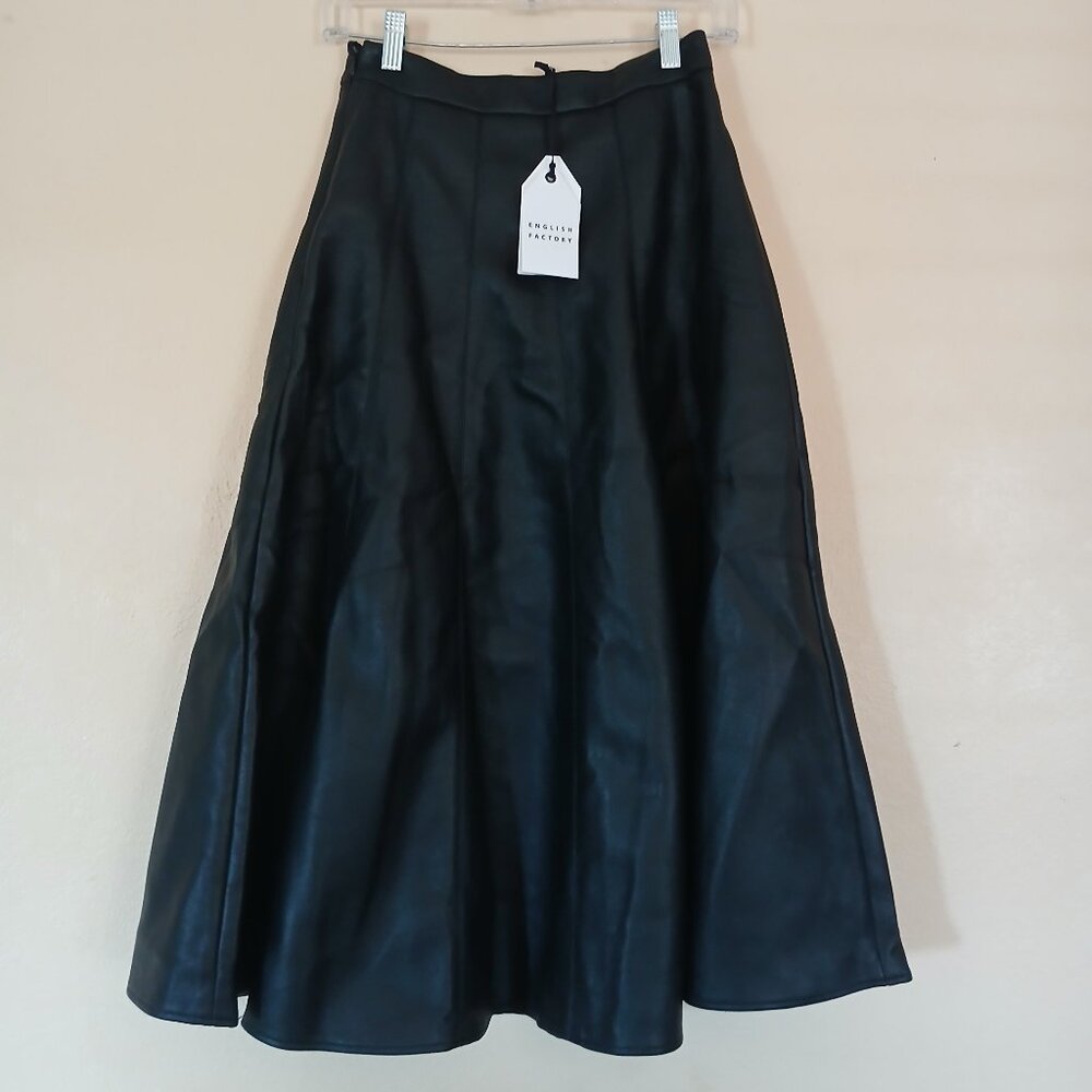 English Factory NWT Pleated Flare Leather Midi Skirt Women's XS